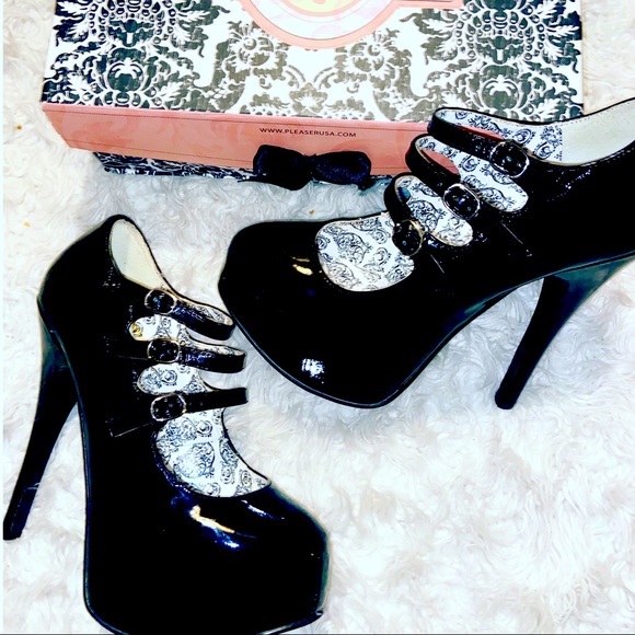 Bordello Patent Three Strap Baby Doll Heels